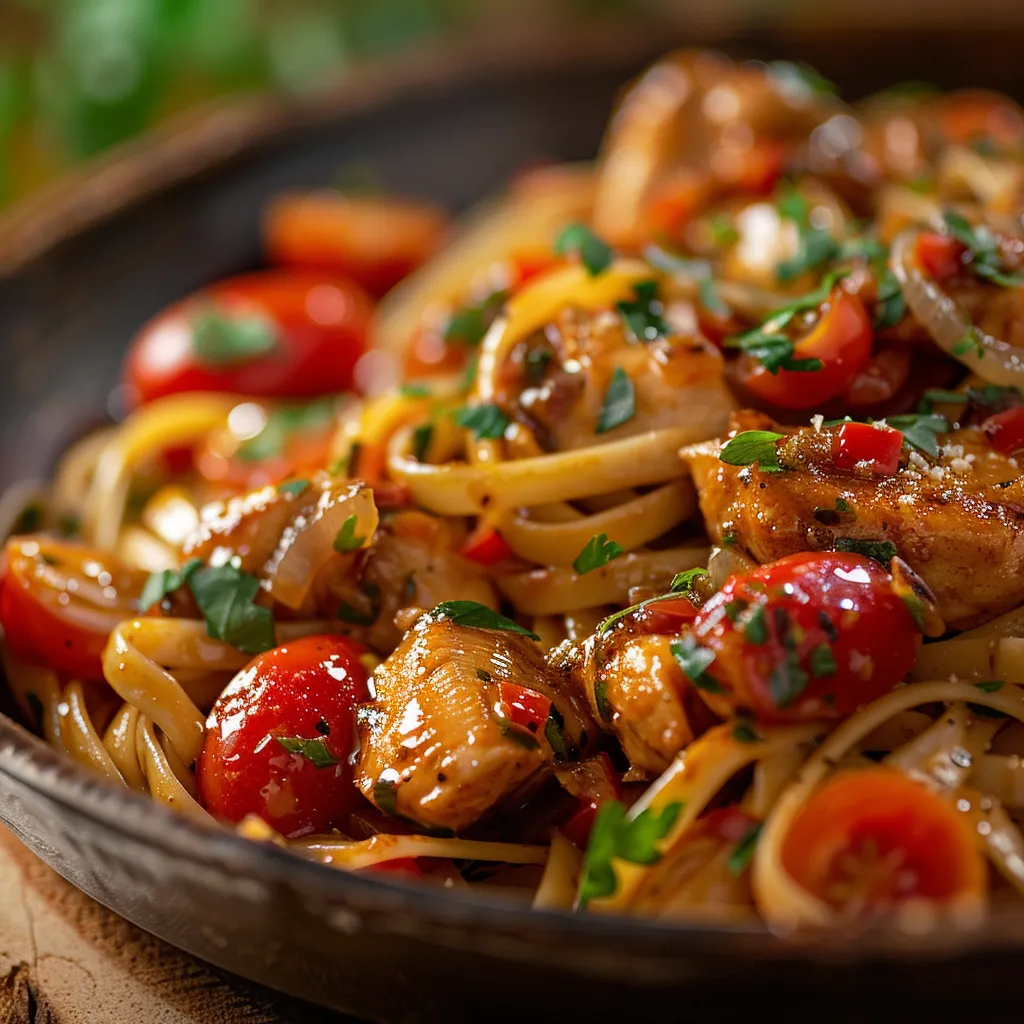 Eye-level view of Cowboy Butter Chicken Linguine showcasing tender chicken and colorful ingredients.