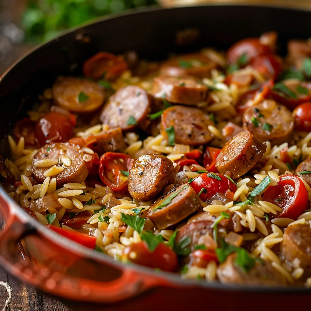 Zoomed-in view of One Pot Garlic Butter Sausage and Orzo, featuring Italian sausage and herbs, illuminated by soft lighting.