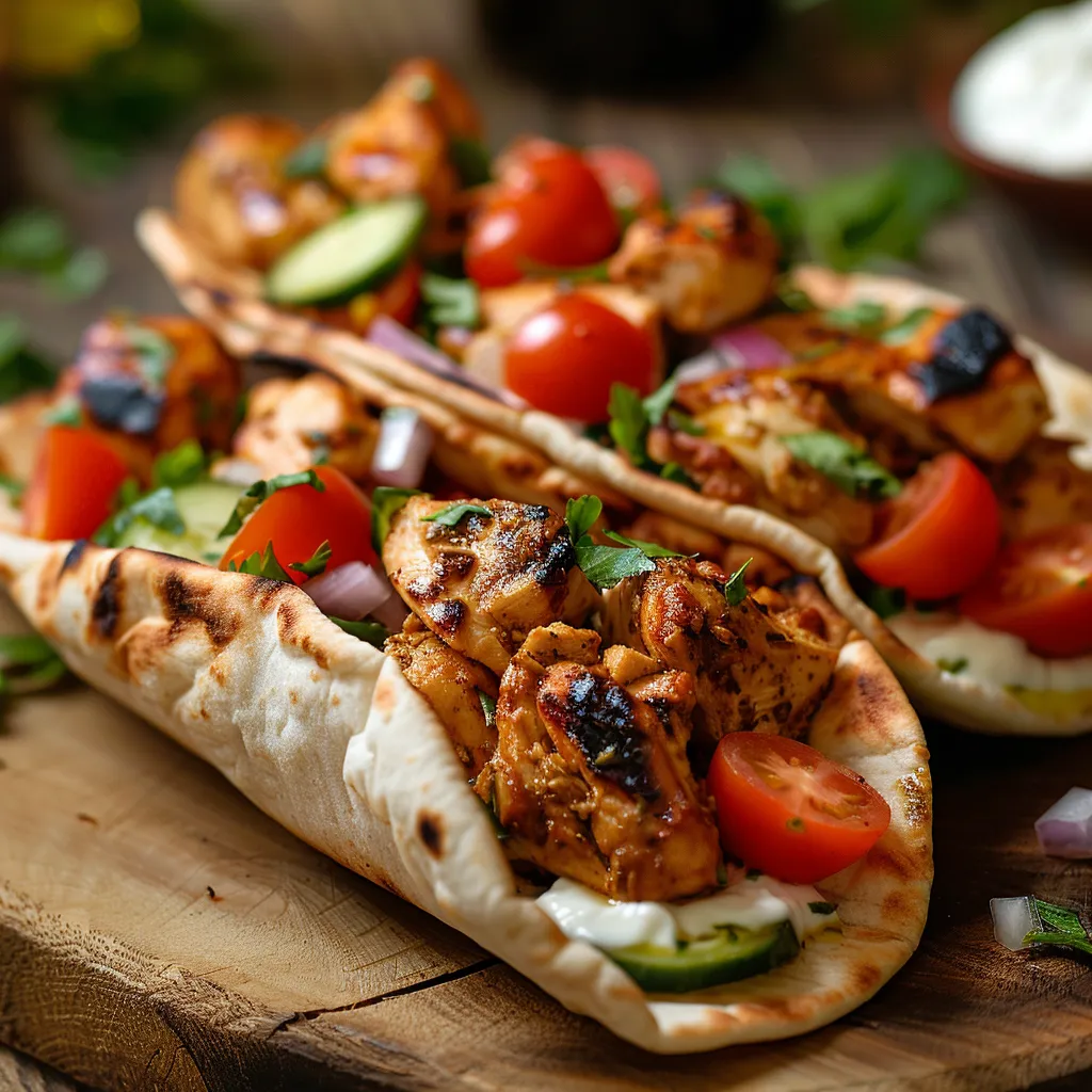 A detailed view of a Mediterranean Chicken Gyros, featuring grilled chicken and fresh garnishes.