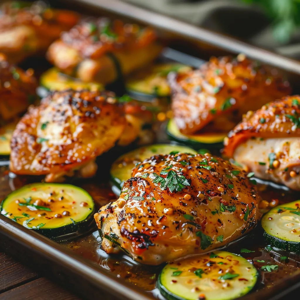 Plated hot honey chicken and roasted zucchini with a soft-focus background, highlighting the ingredients' appeal.