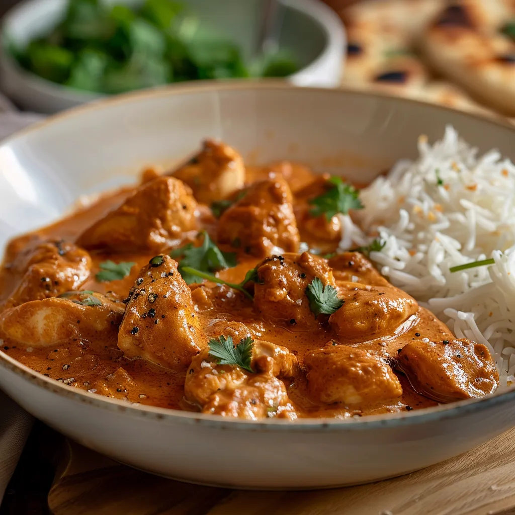 A vibrant plate of butter chicken showcasing its velvety texture and warmth, accented by herbs.