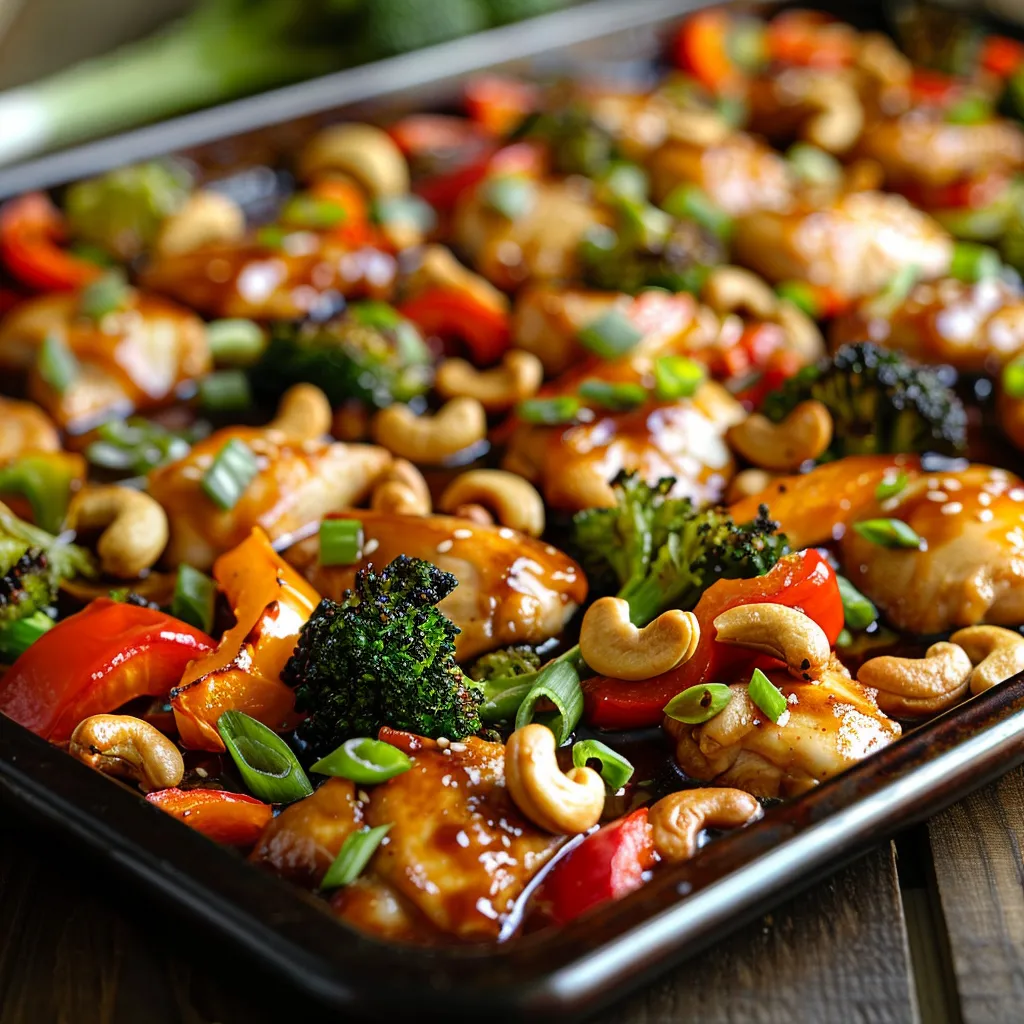 Savory dish of cashew chicken featuring bite-sized pieces and a medley of vegetables.