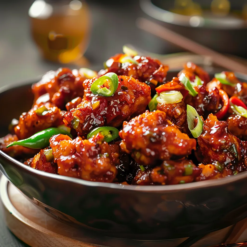 Delicious Crispy Chilli Chicken in a warm lighting setting, highlighting texture and ingredients.