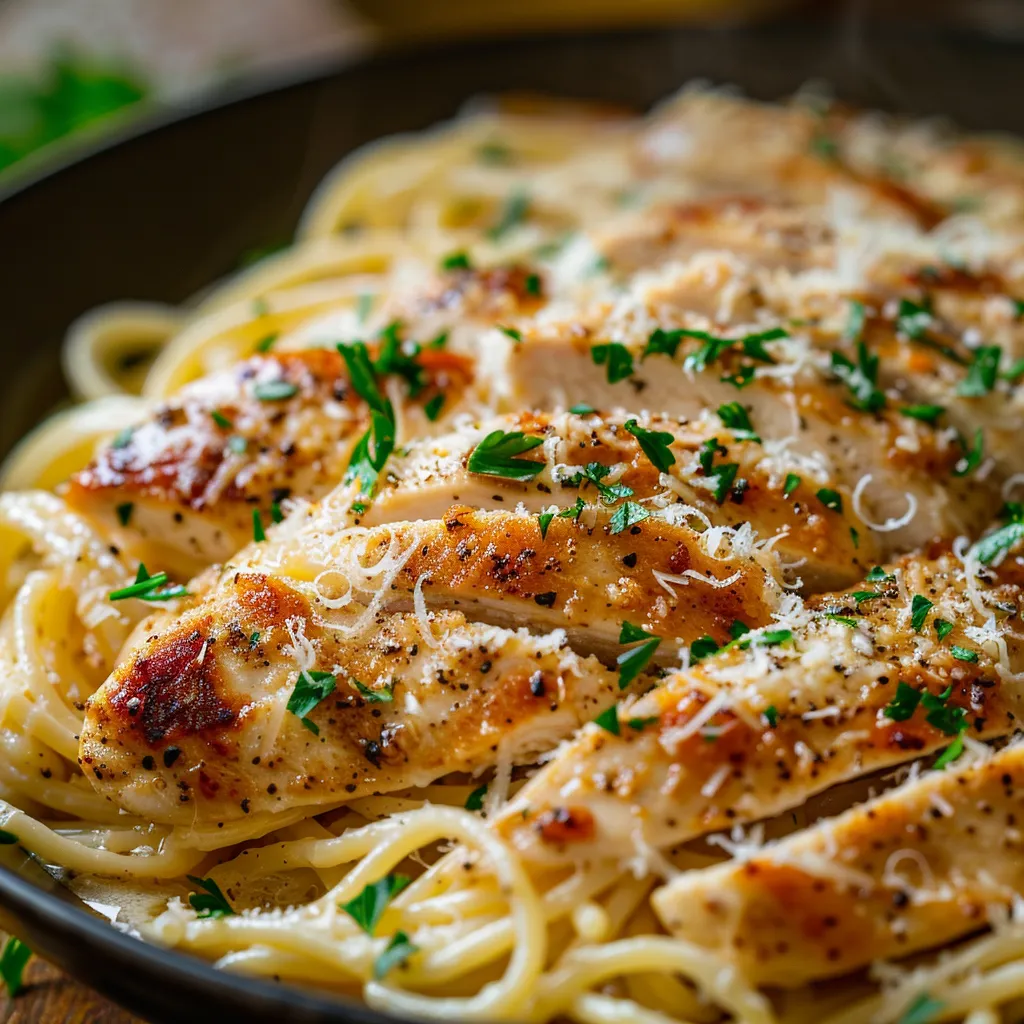 Tasty Easy Parmesan Chicken Pasta served in a bowl with garlic and herbs.
