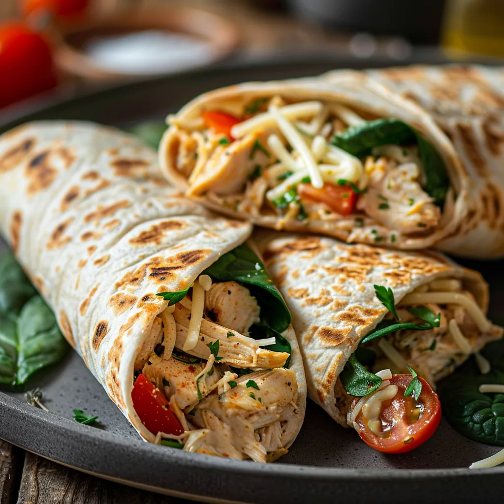 Gourmet shot of garlic chicken wraps filled with creamy cheese and fresh ingredients.