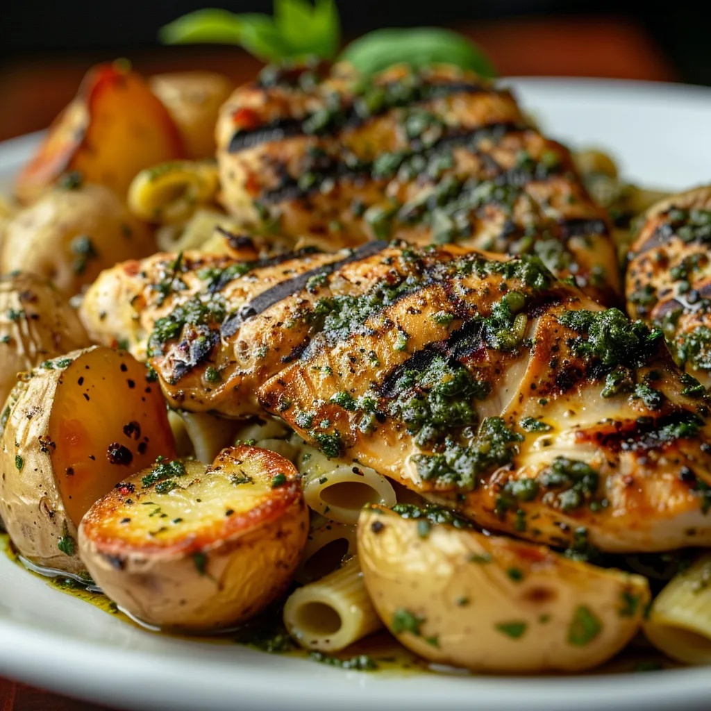 Succulent grilled chicken with pesto sauce, creamy pasta, and golden roasted baby potatoes displayed elegantly.