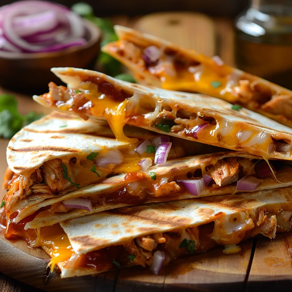 Delicious BBQ chicken quesadilla served with red onion and cheese, on a rustic background.