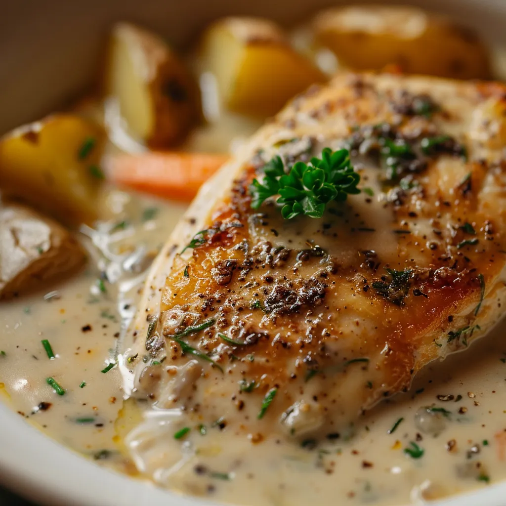 A detailed view of creamy chicken with mashed potatoes and carrots, showcasing textures and colors.