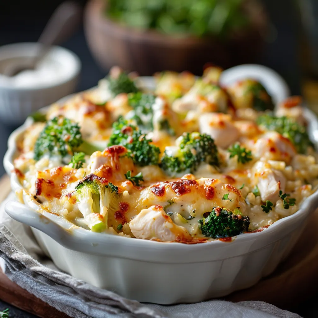 A vibrant Healthy Broccoli Chicken Casserole, highlighting its creamy texture and colorful ingredients.