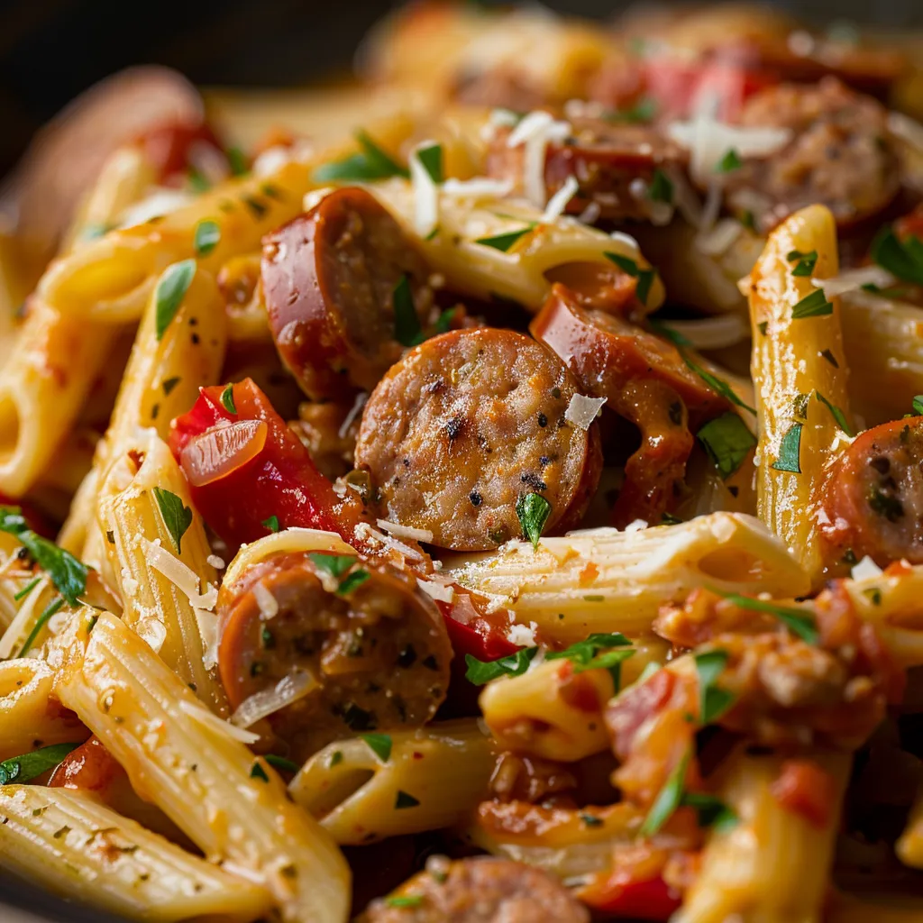 Bowl of Creamy Cajun sausage pasta showcasing rich textures, illuminated by warm natural light.