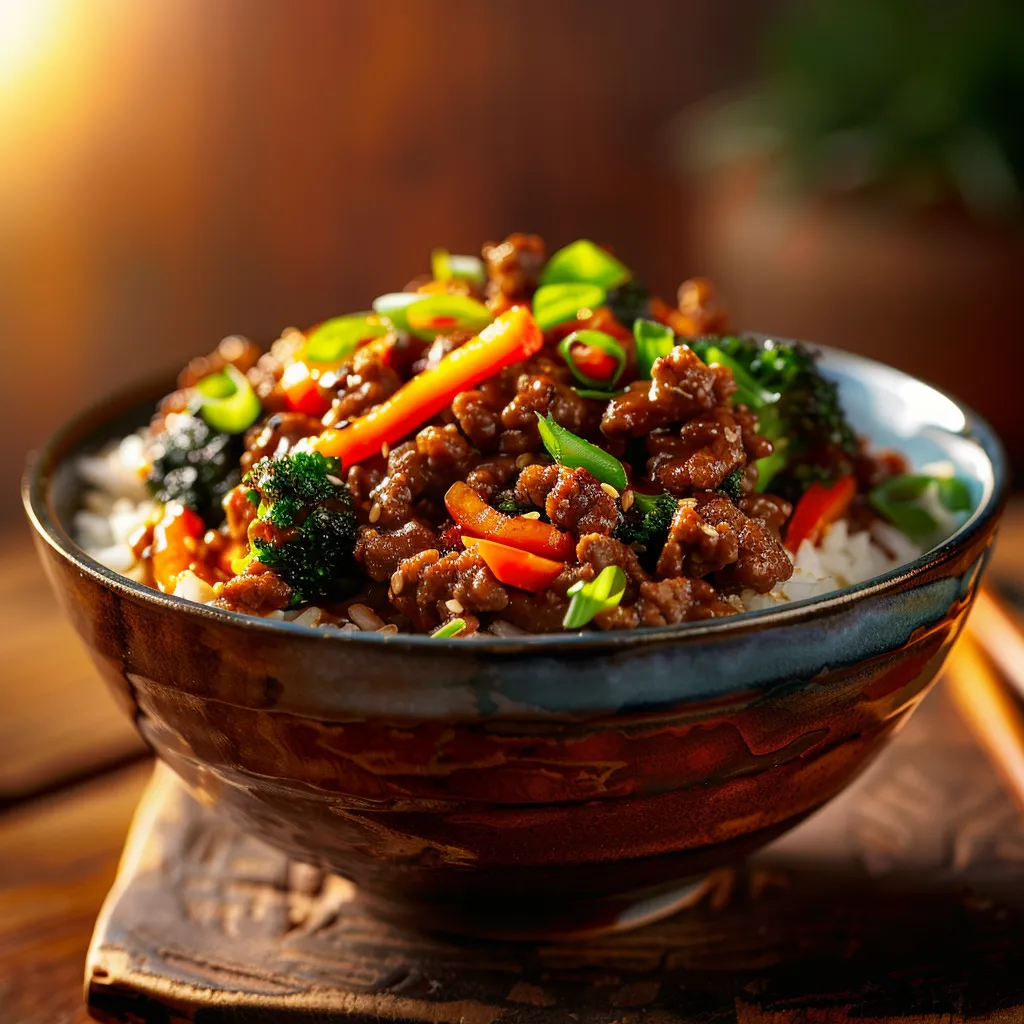 Gourmet presentation of a stir-fry bowl featuring beef, garlic veggies, and steamed rice.