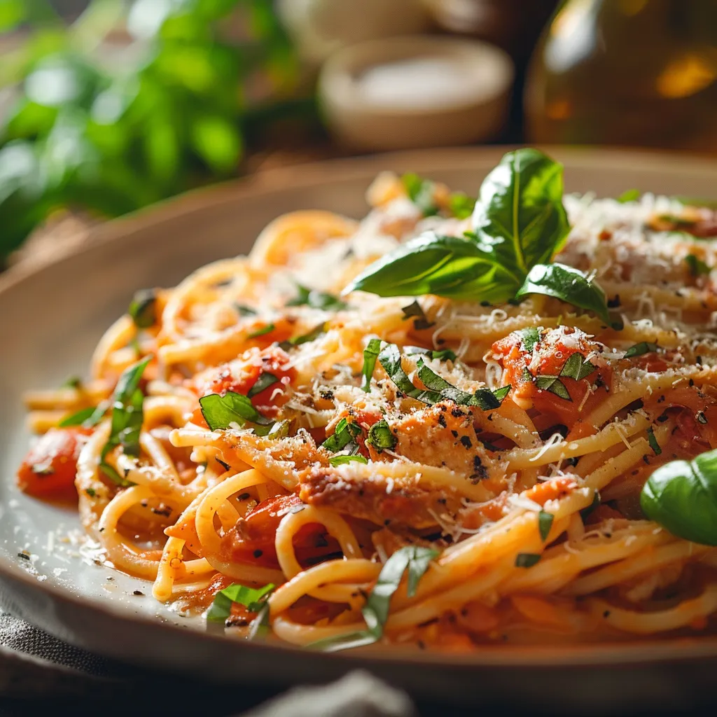 A detailed image of spaghetti in creamy garlic tomato sauce, showcasing vibrant colors and textures.