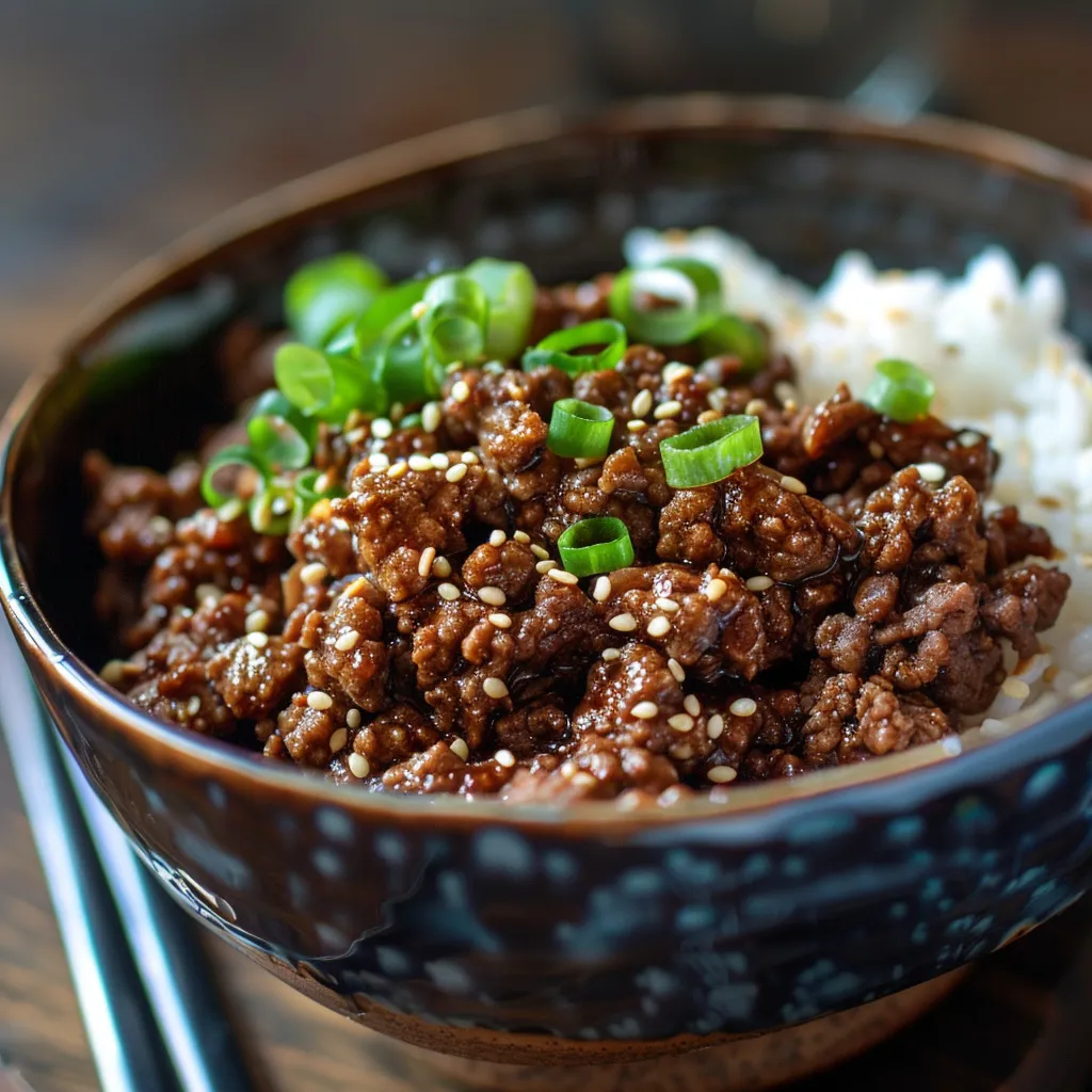 Eye-level shot of a Korean Ground Beef Bowl, showcasing rich textures and vibrant colors.