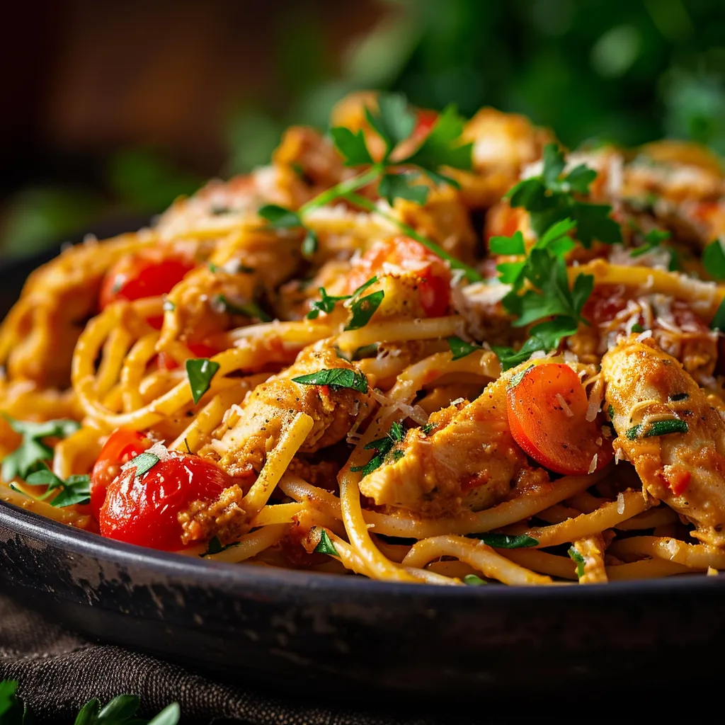 A vibrant bowl of cowboy butter chicken linguine featuring creamy sauce and fresh ingredients.