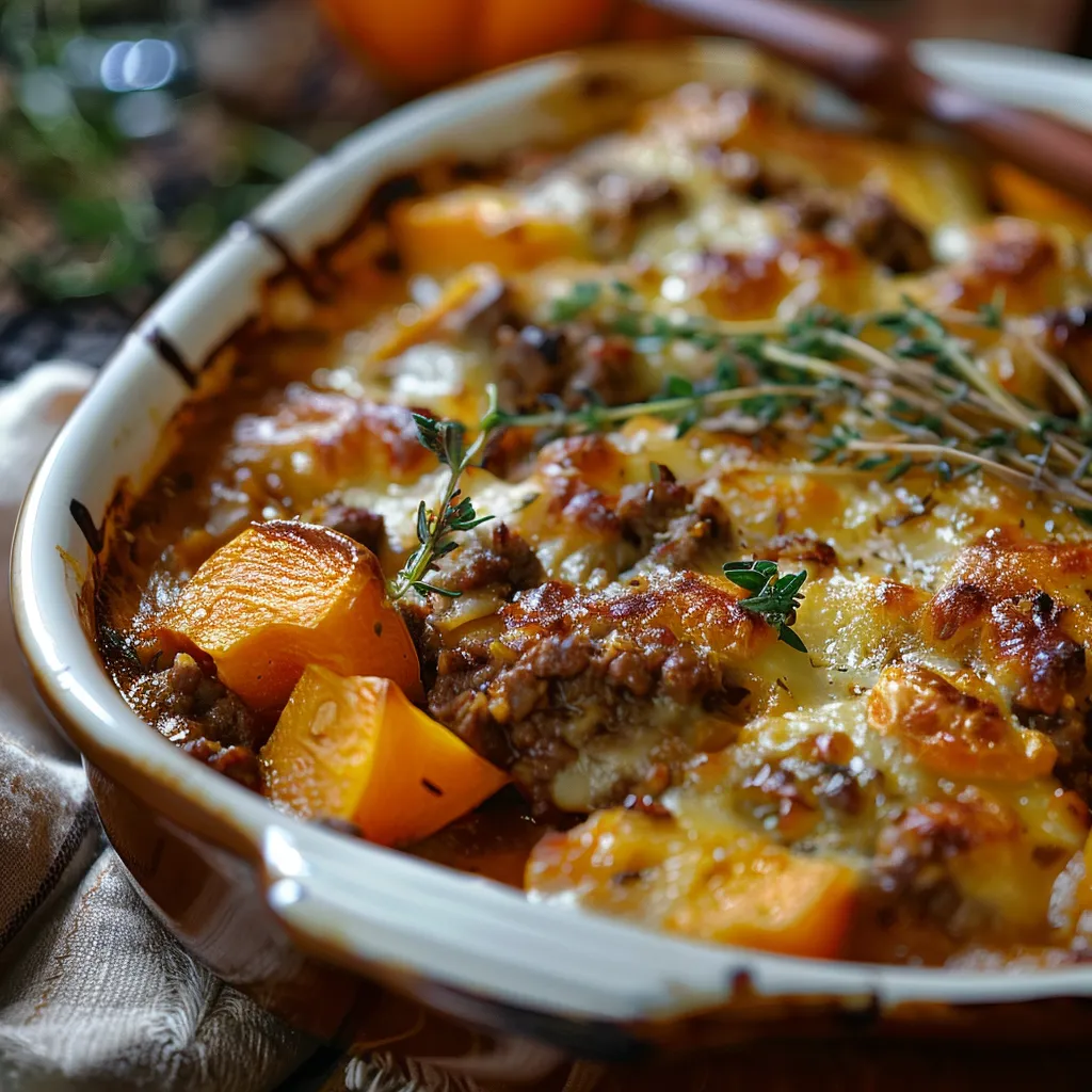 Detailed image of a savory casserole showcasing beef and butternut squash, highlighted by soft shadows.