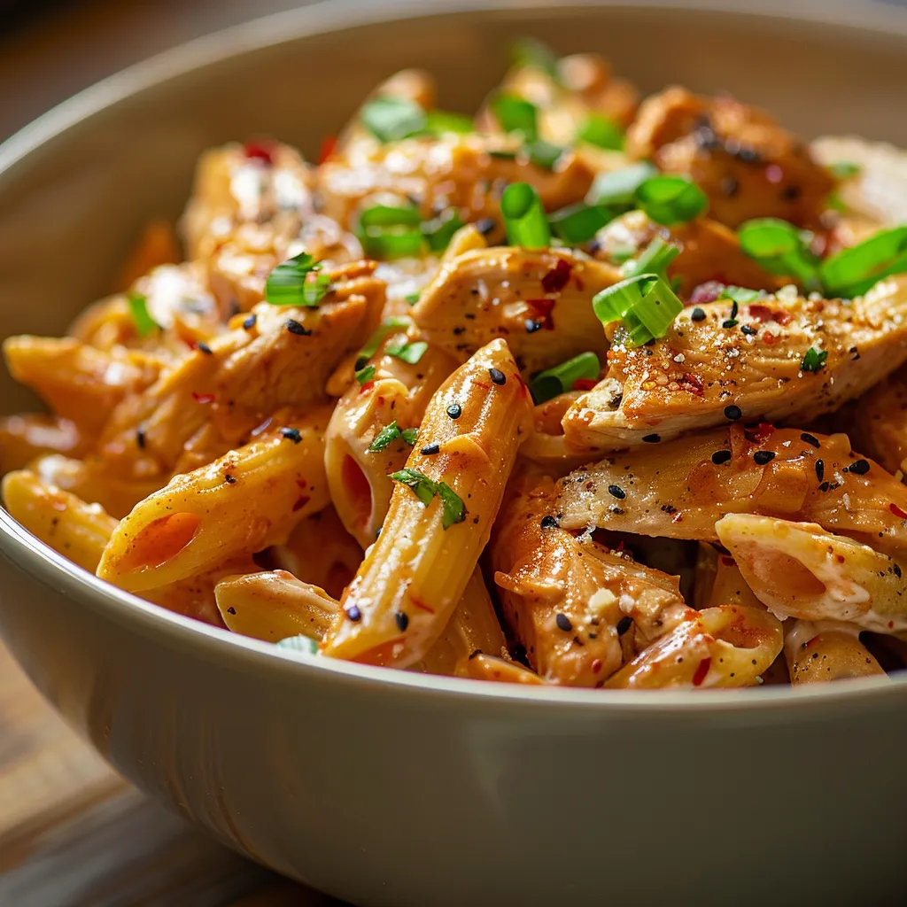 Appetizing plate of Bang Bang Chicken Pasta featuring rich textures and sauce.