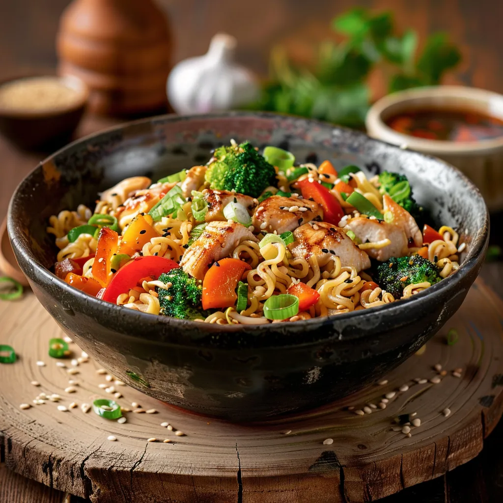 Delicious Chicken Ramen Stir Fry displayed in a bowl, highlighting the textures of the noodles and fresh ingredients.