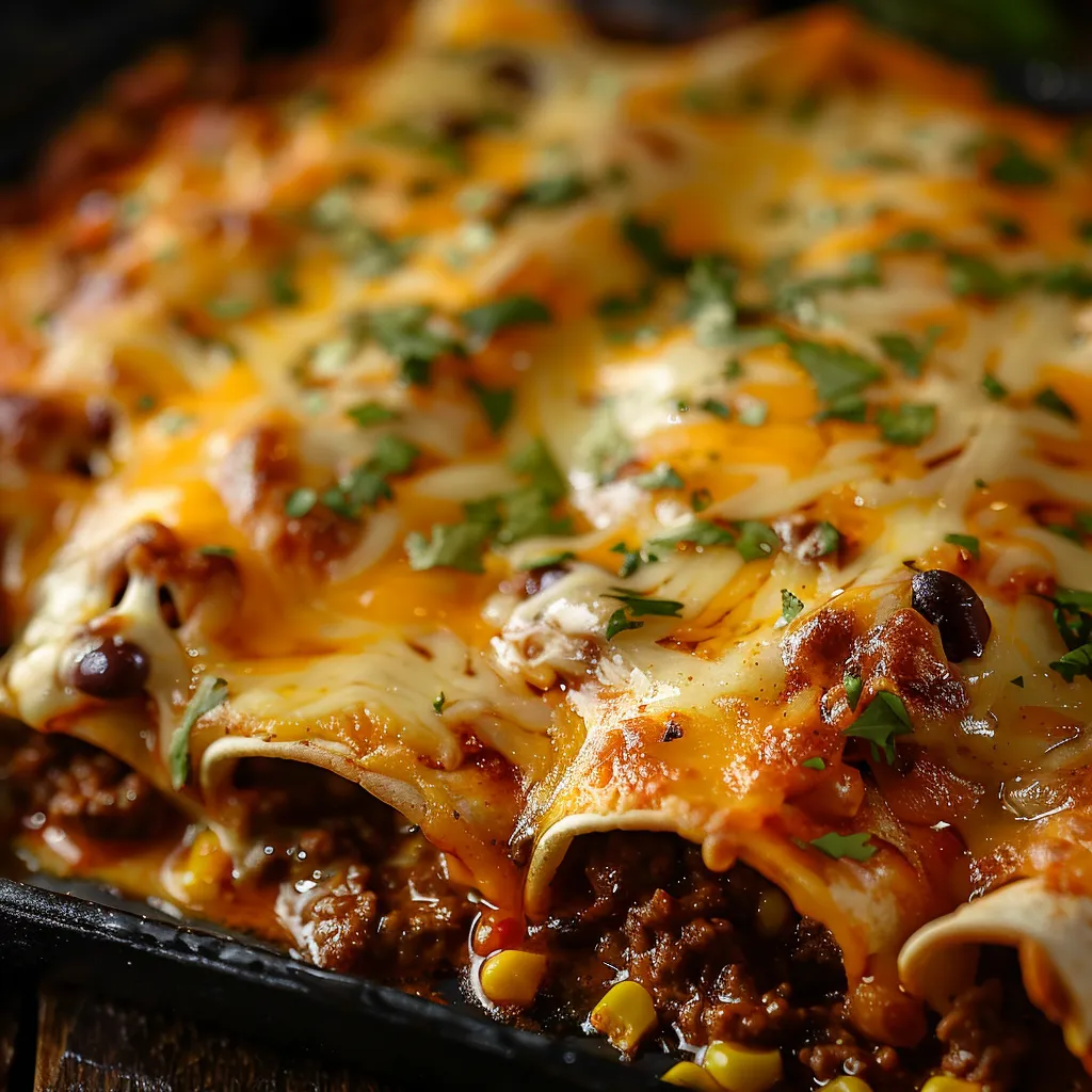 An overhead view of enchiladas covered in enchilada sauce and cheese, highlighting textures and colors.