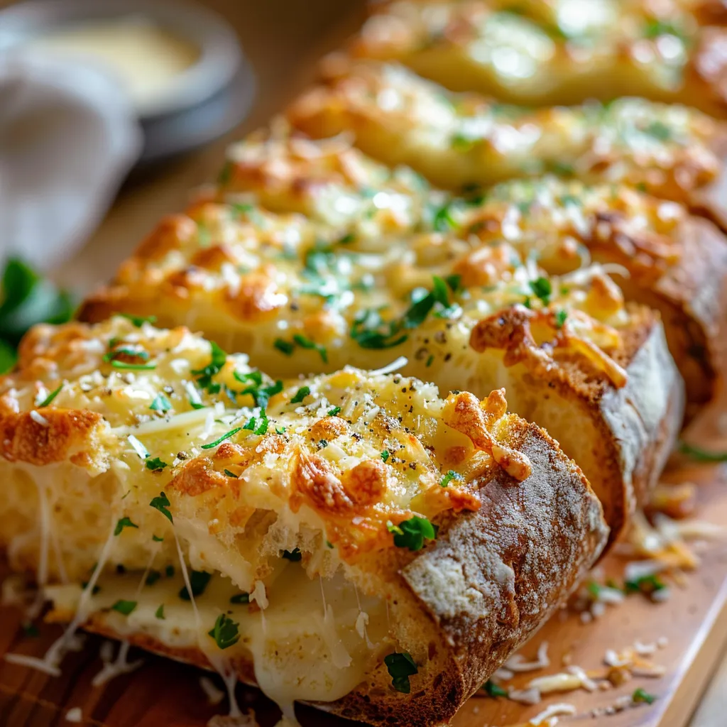 Delicious cheesy garlic bread displayed with a soft-focus background.