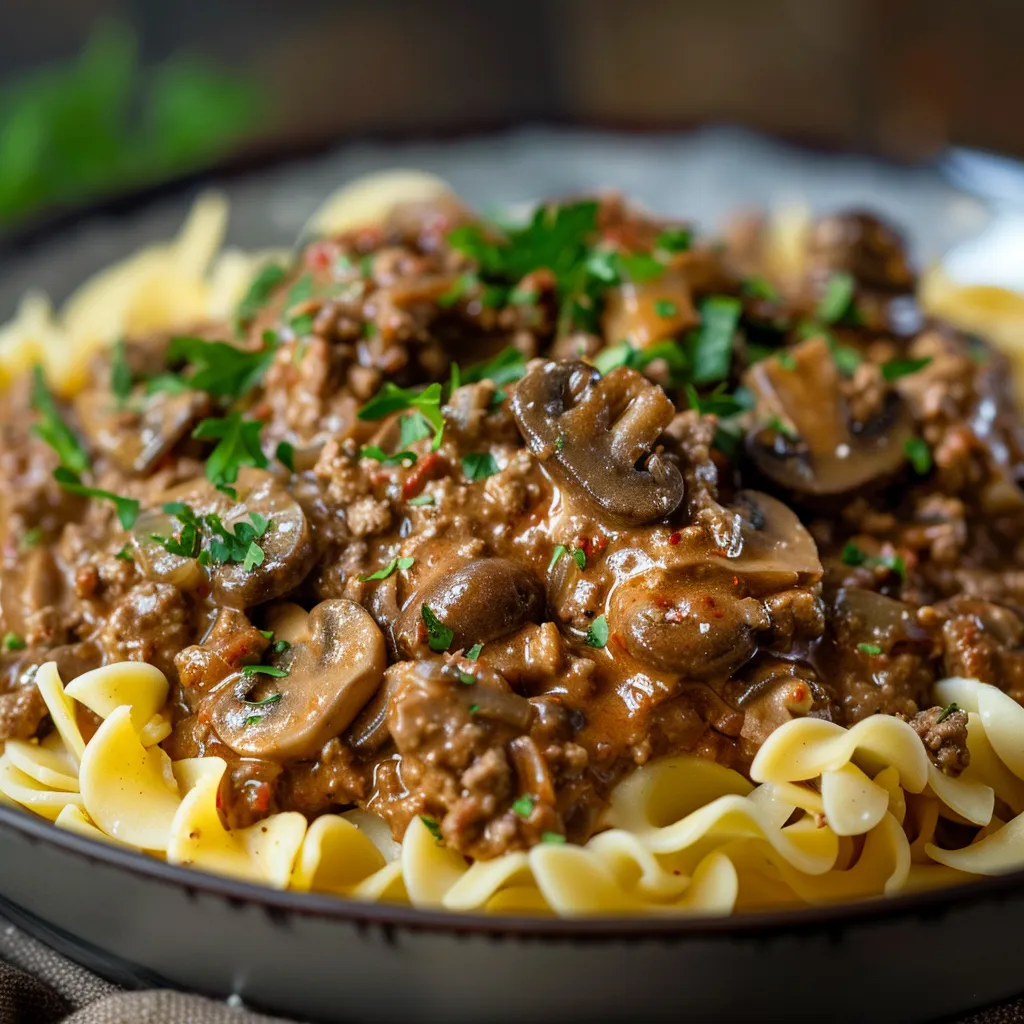 Eye-level view of Ground Beef Stroganoff, showcasing the creamy texture and ingredients on a rustic table.