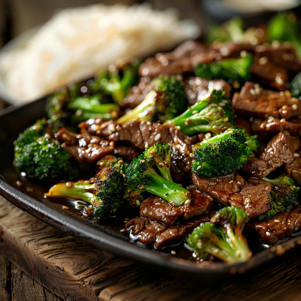 Eye-level view of tender beef and broccoli, showcasing rich colors and textures in a cozy setting.