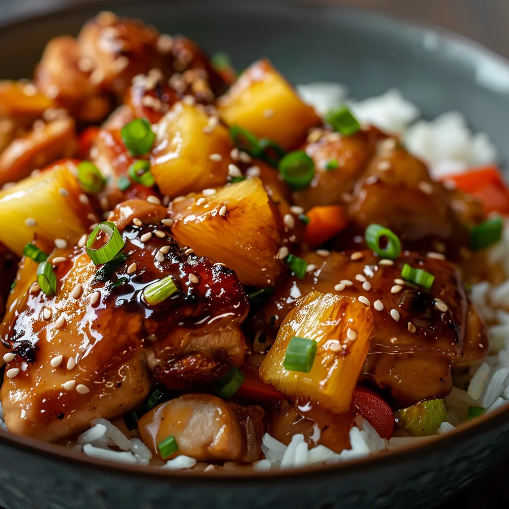 A bowl of cooked teriyaki chicken garnished with sesame seeds and green onions.