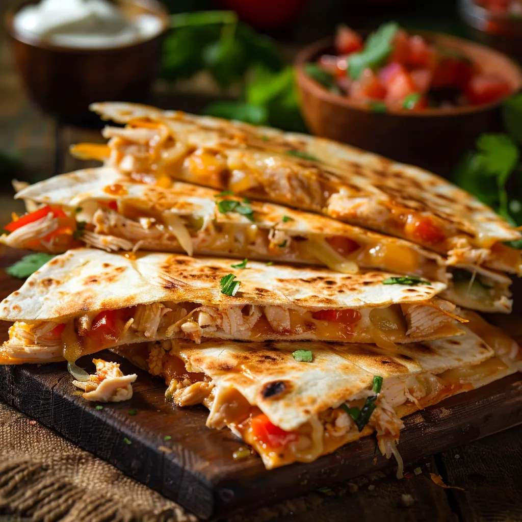 A beautifully arranged chicken quesadilla served with sour cream and salsa, highlighting its texture and ingredients.