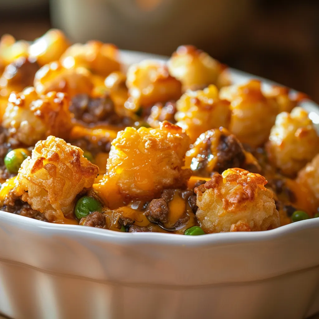 A delicious Tater Tot Casserole displayed on a rustic table, featuring ground beef and green beans beneath a cheesy crust.