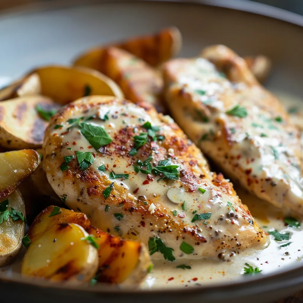 Delicious chicken fillet in creamy garlic sauce on a rustic plate, with fries and herbs in a cozy setting.