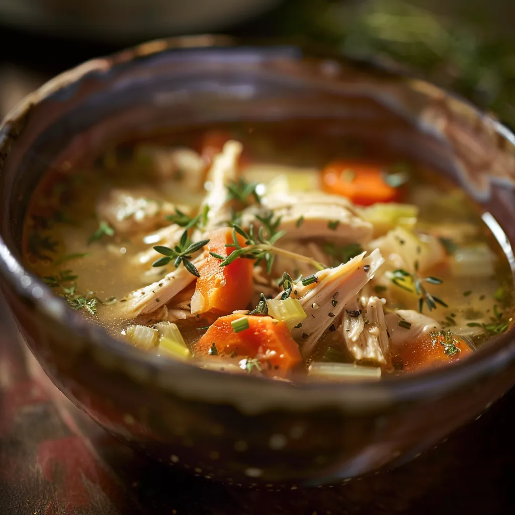 Cozy chicken soup with visible chicken pieces and fresh garnishes, captured in natural light.