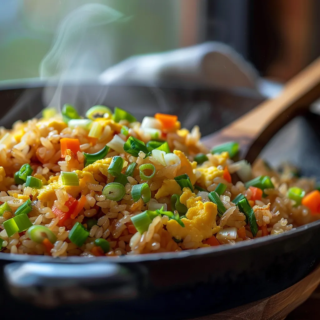 Eye-level view of fluffy fried rice, showcasing the texture of eggs and vegetables against a blurred background.