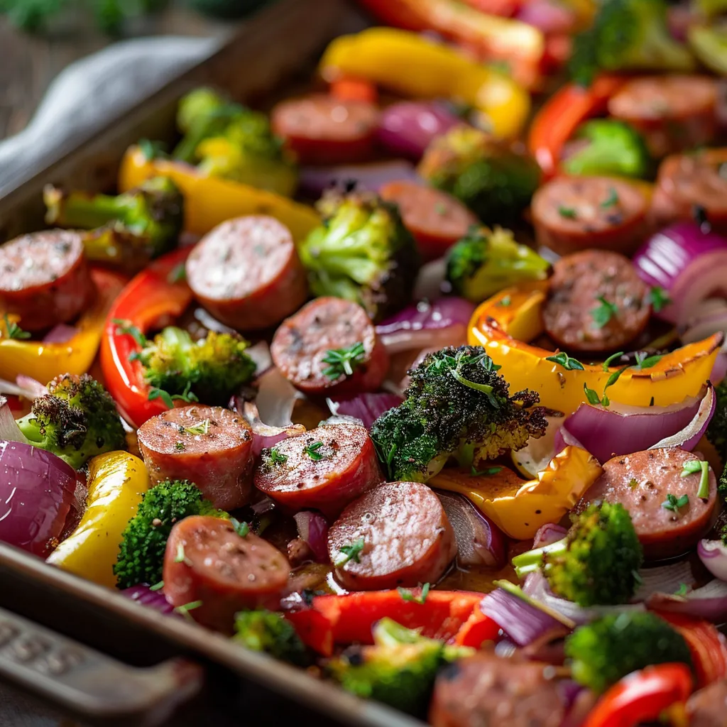 Detailed shot of a vibrant sheet pan dinner with slices of sausage and roasted vegetables.