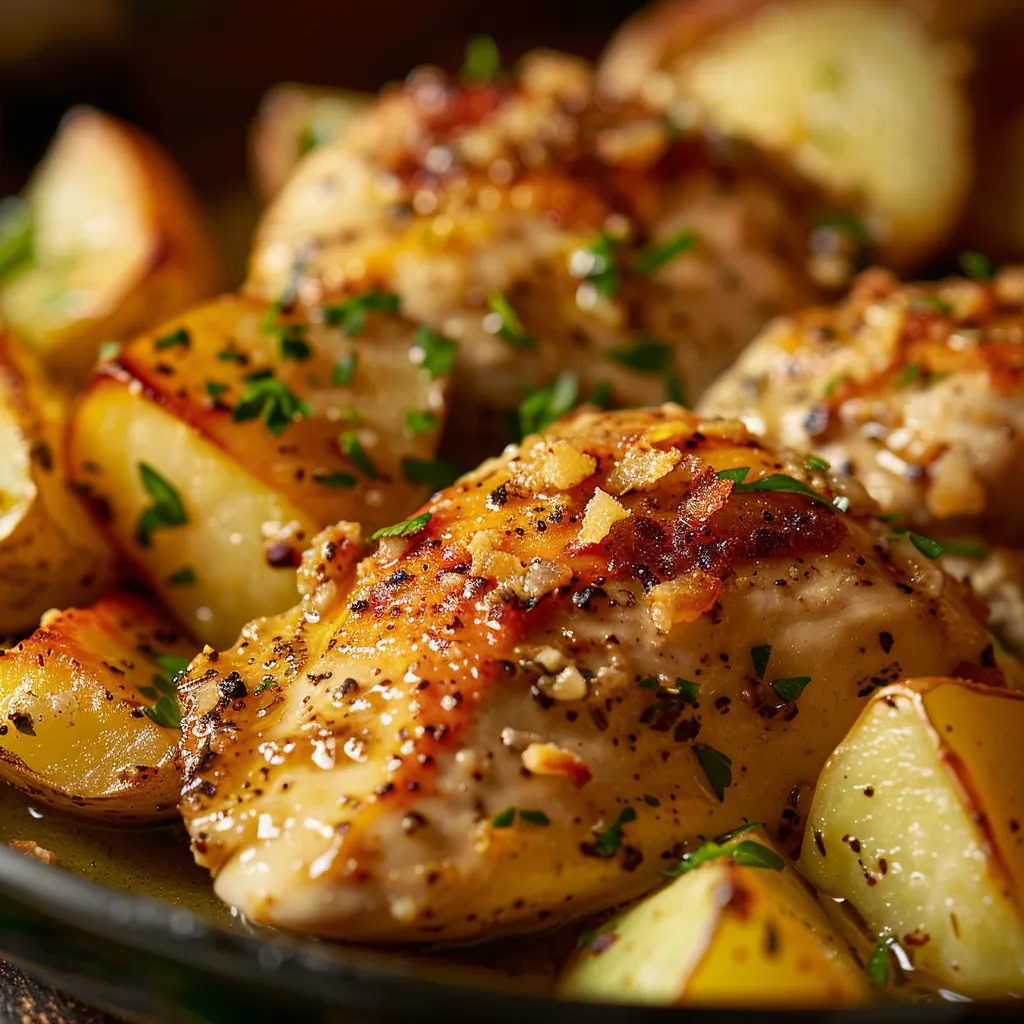 Detailed view of Garlic Parmesan Chicken and potatoes, illuminated by soft, warm lighting with a blurred background.