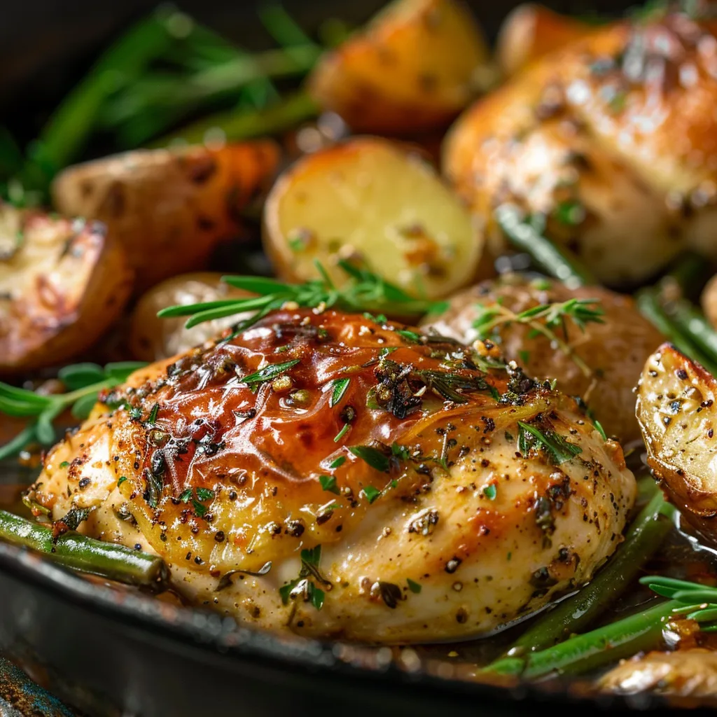 Eye-level shot of garlic herb chicken alongside halved potatoes and green beans in natural light.