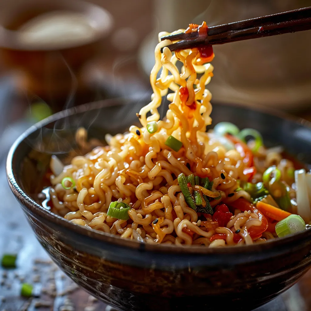 Detailed shot of a vegan ramen dish, showcasing noodles glistening in a flavorful sauce with garnishes.