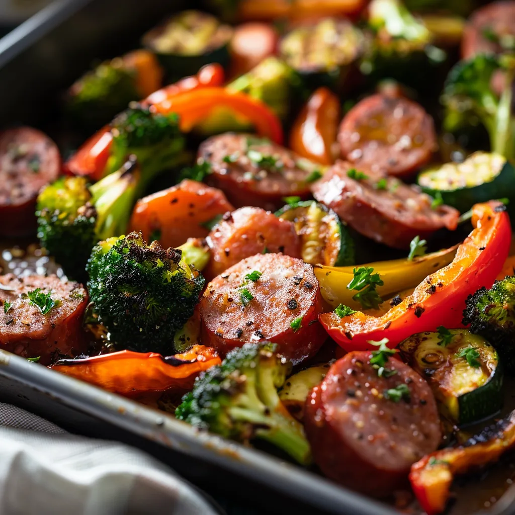 A beautifully arranged sheet pan of cooked sausage and assorted vegetables, highlighted by soft shadows and natural light.