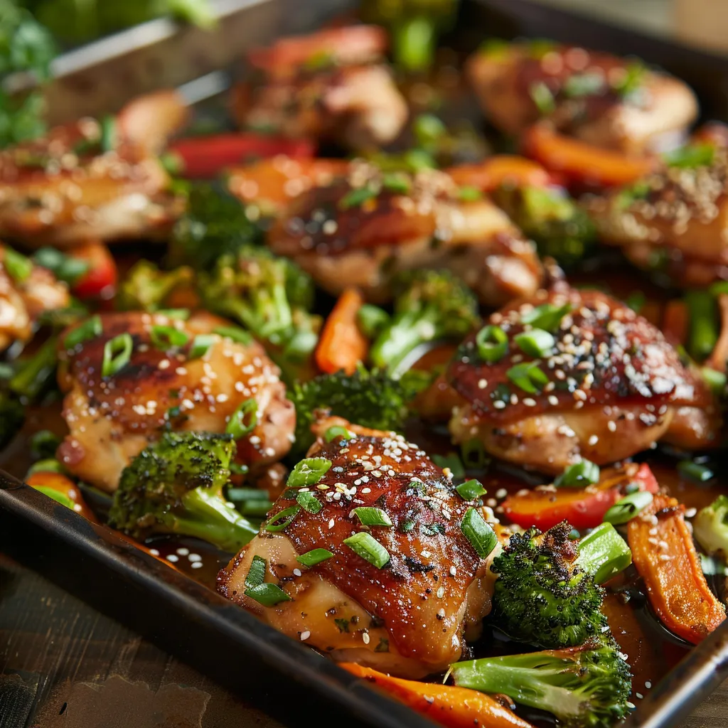Tantalizing image of tender chicken pieces glistening with teriyaki sauce alongside bright vegetables.