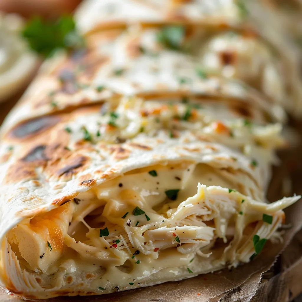 A mouth-watering serving of Cheesy Garlic Chicken Wraps featuring chicken, mozzarella, and garlic, beautifully lit.
