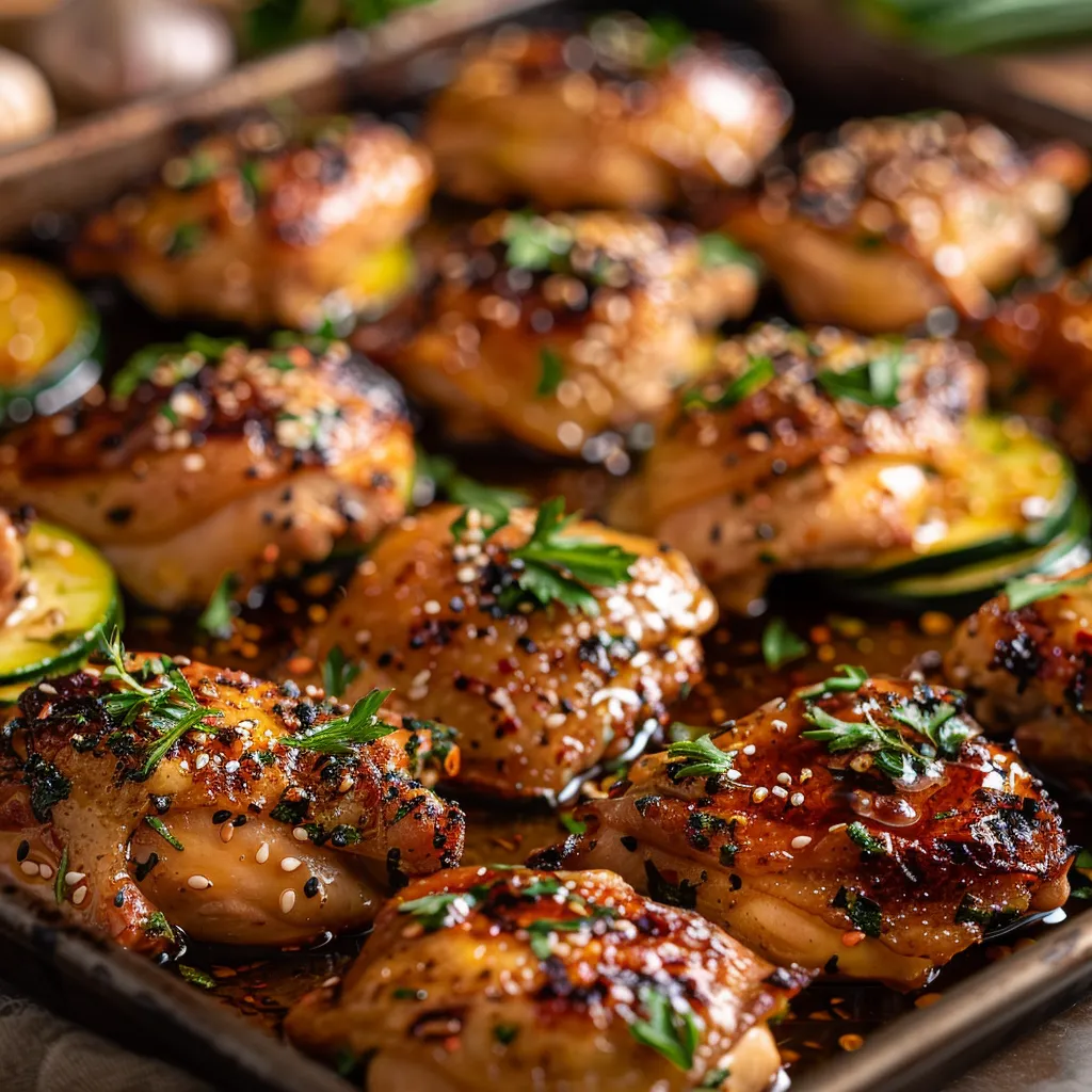 A beautifully styled sheet pan featuring juicy chicken thighs glistening with honey garlic glaze alongside fresh zucchini slices.