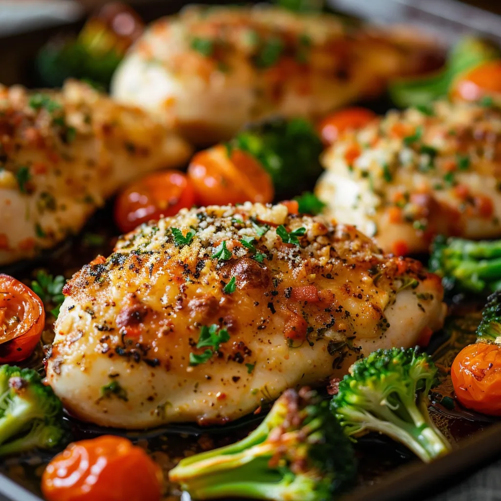 Detailed image of Garlic Parmesan chicken and veggies on a sheet pan.