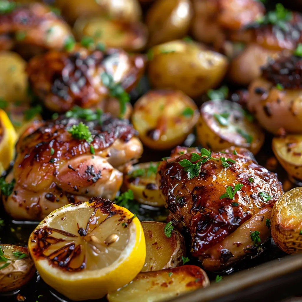 Delicious roasted chicken and potatoes, highlighted by natural light, with a cozy background.