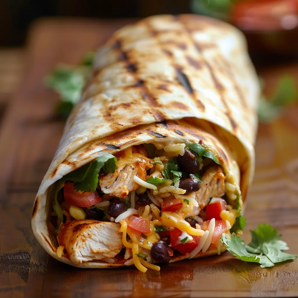 A detailed view of a burrito with soft flour tortilla, filled with chicken, rice, and fresh toppings.