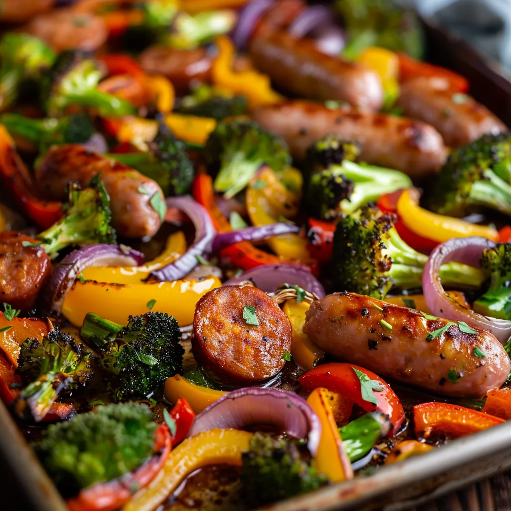 Eye-level view of sautéed sausage and assorted vegetables on a sheet pan, showcasing their textures.