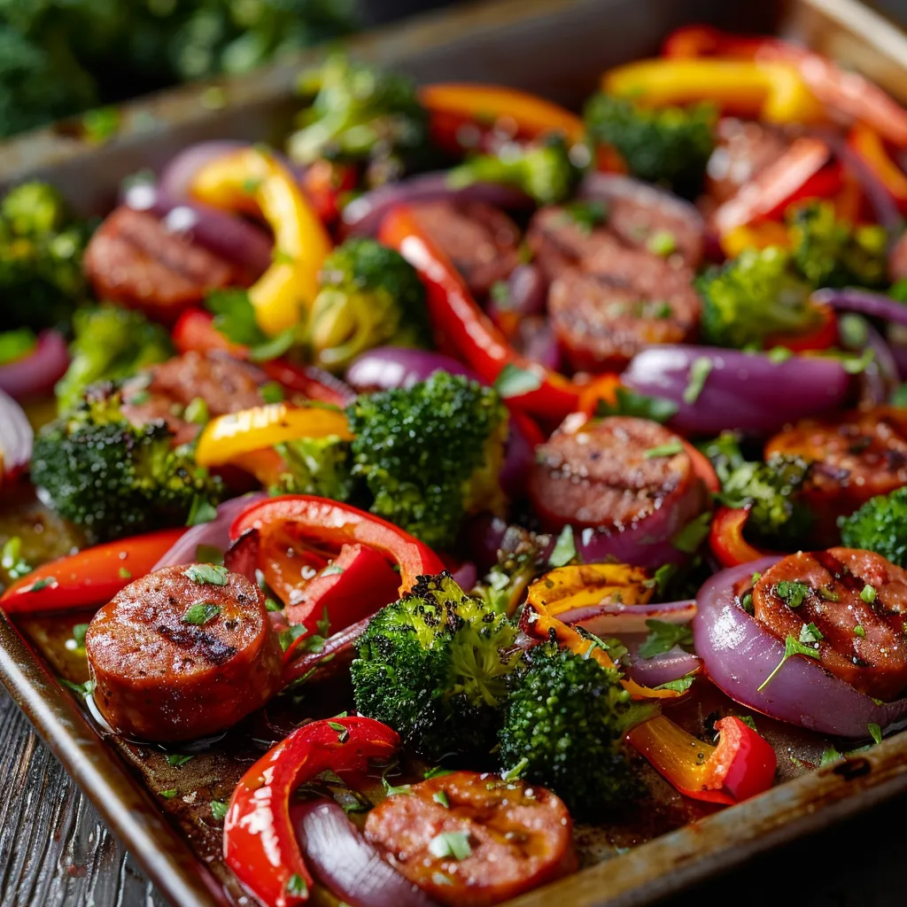 Eye-level shot of roasted sausage and mixed veggies on a sheet pan, highlighted by warm, natural lighting.