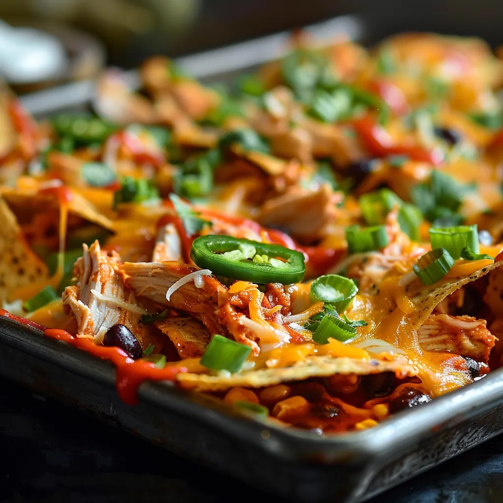A beautifully styled plate of nachos featuring shredded chicken, barbecue sauce, and fresh toppings against a softly blurred background.
