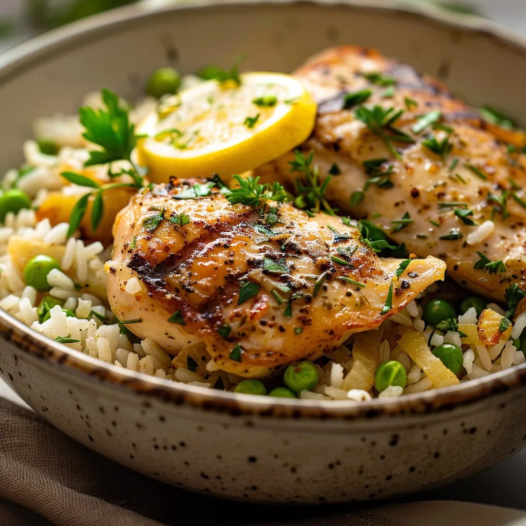 An appetizing bowl of Slow Cooker Lemon Herb Chicken and Rice with soft shadows and blurred background.