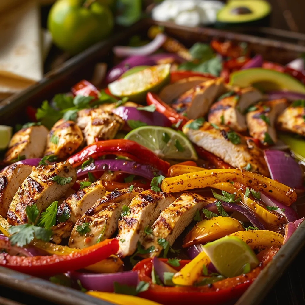 Freshly cooked chicken fajitas with a mix of red and yellow bell peppers, served with tortillas.