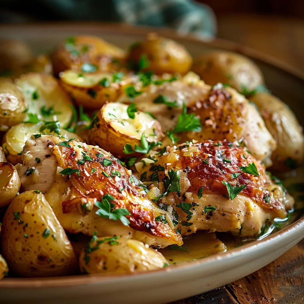 An appetizing plate of Garlic Parmesan Crockpot Chicken with melted cheese and fresh parsley on top.