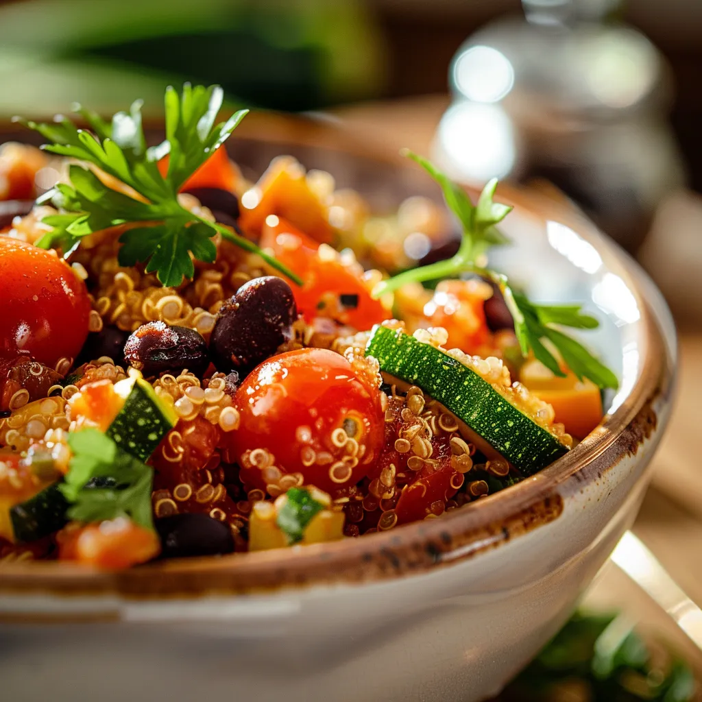A vibrant, healthy meal showcasing quinoa with diced vegetables, illuminated by natural light.