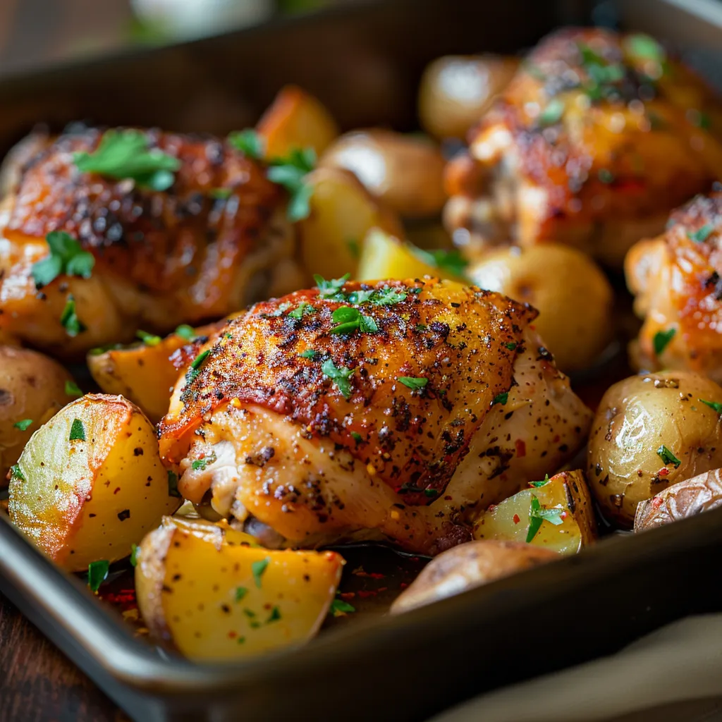 An appetizing shot of a One-Pan Chicken and Potato Dinner, showcasing tender chicken and golden potato wedges with soft shadows.
